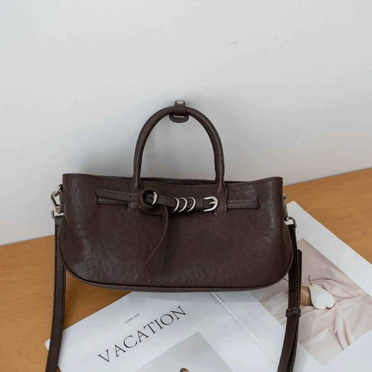 Vintage Vegetable-tanned Leather Handbag For Women, High-end Single-shoulder Bag With A Unique Belt Buckle Design, Genuine Leather Crossbody Bag