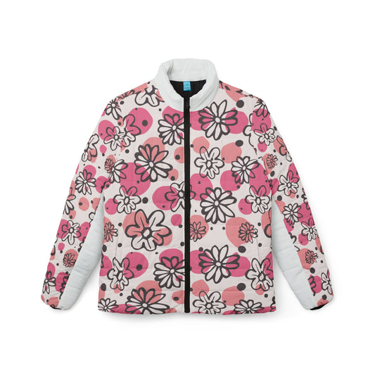 Floral Pink Hearts Puffer Jacket