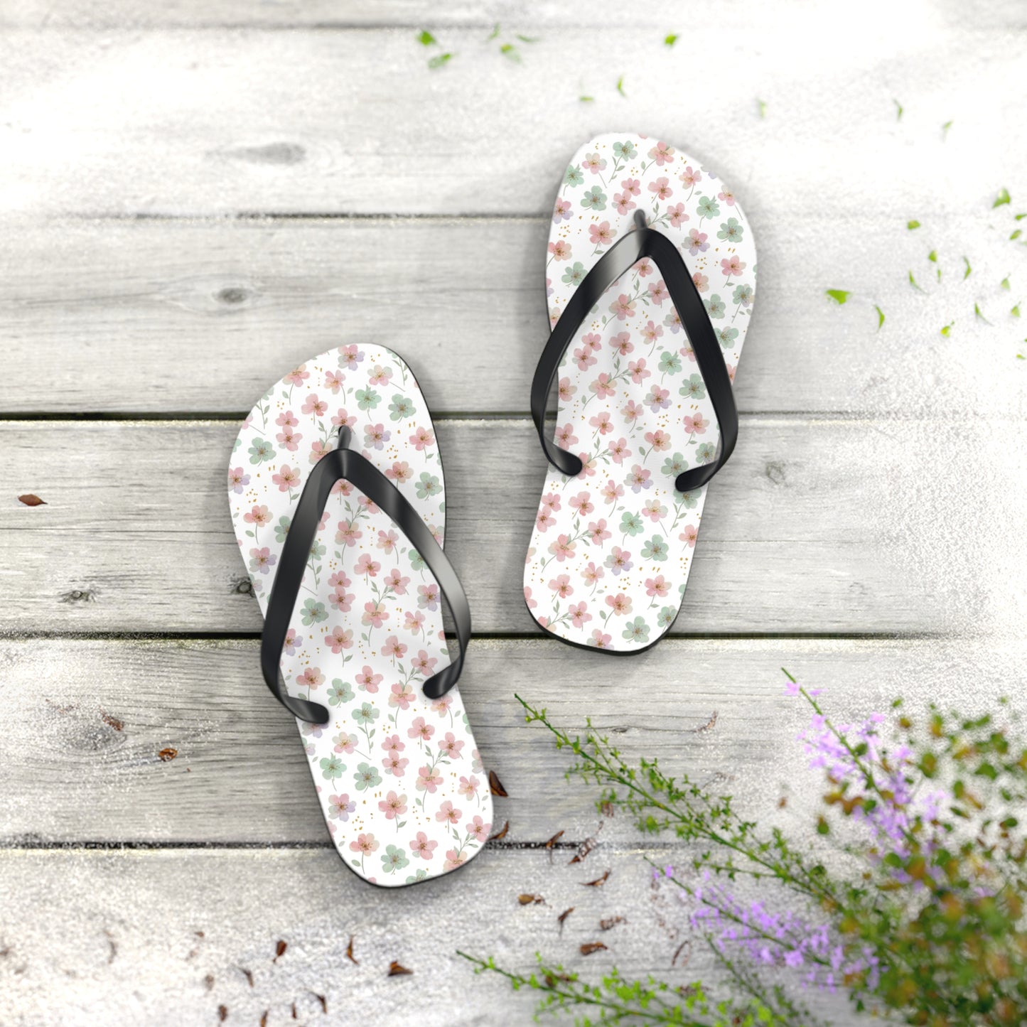 Floral Breeze Flip Flops — Pink & Green Blossom Beach Sandals