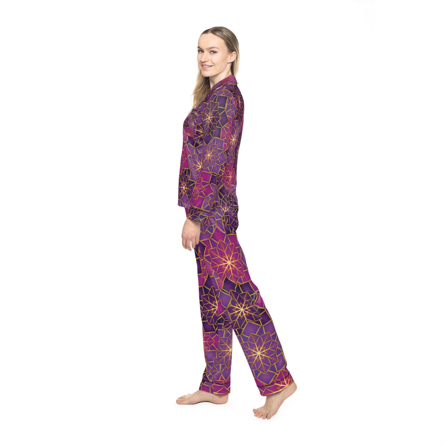Women’s Satin Pajama Set — Luxe Purple Geometric Star Pattern
