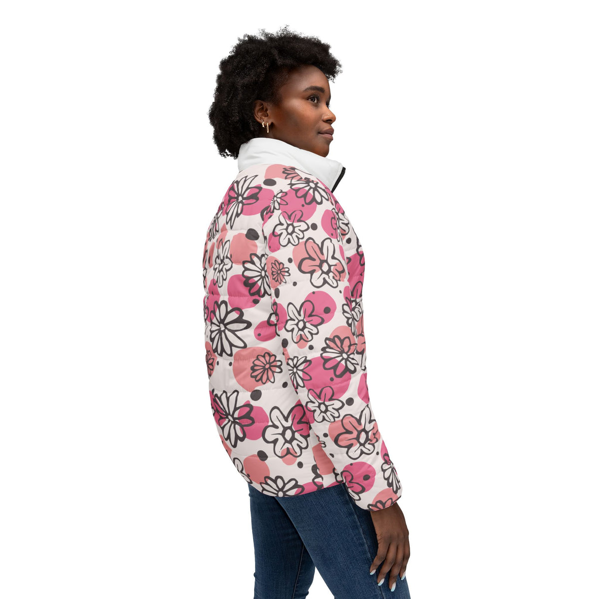 Floral Pink Hearts Puffer Jacket