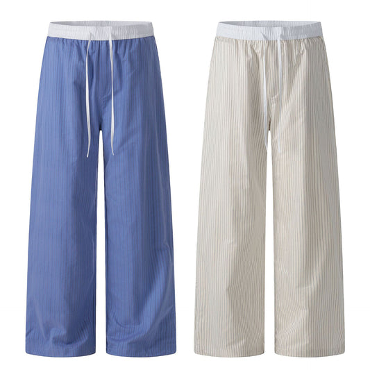 Contrast-color Patchwork Drawstring Elastic Waist Loose Straight-leg Floor-length Sweatpants