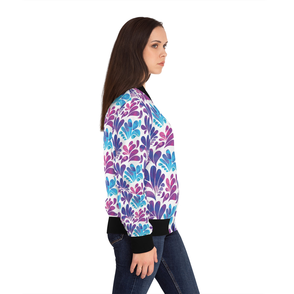 Floral Splash Bomber Jacket — Purple & Teal All-Over Print