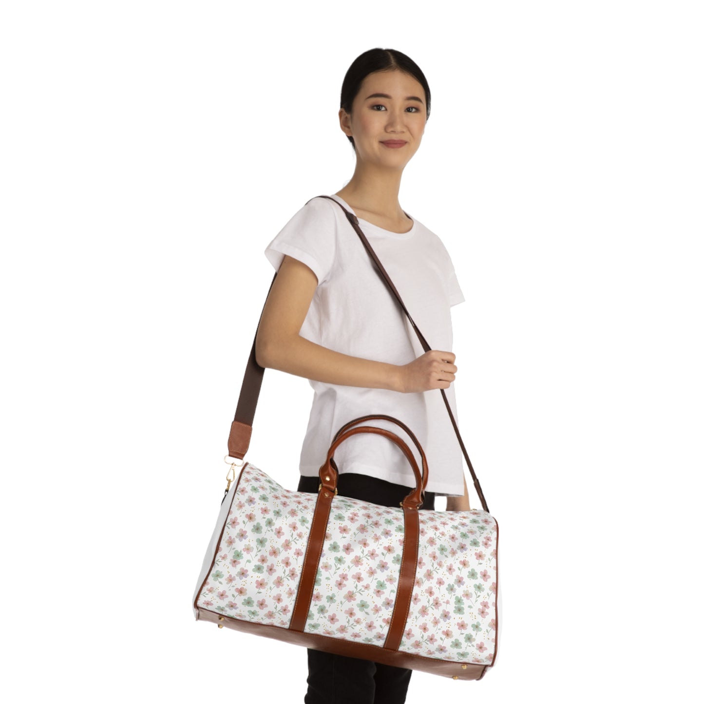 Floral Waterproof Travel Bag — Lightweight Duffle with Pink & Green Blossom Print