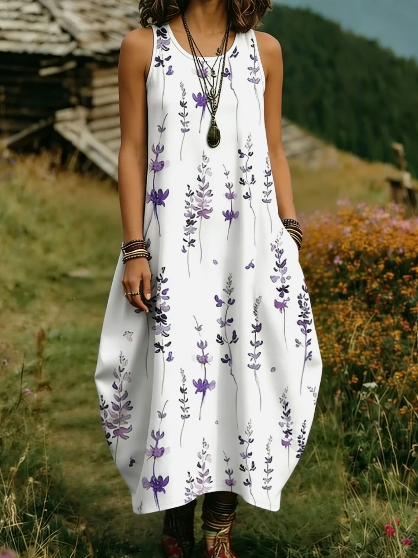 Boho Lavender Print Sleeveless Maxi Dress
