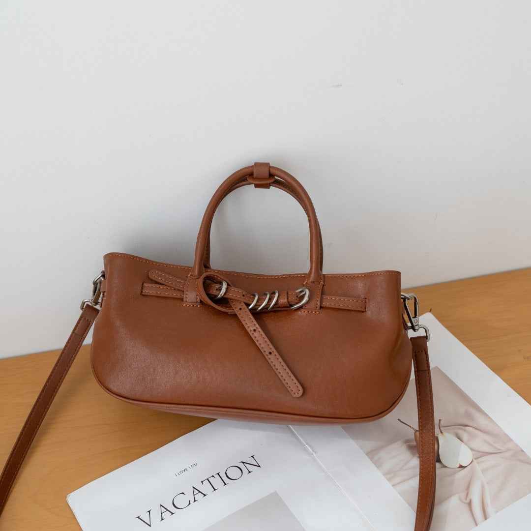 Vintage Vegetable-tanned Leather Handbag For Women, High-end Single-shoulder Bag With A Unique Belt Buckle Design, Genuine Leather Crossbody Bag