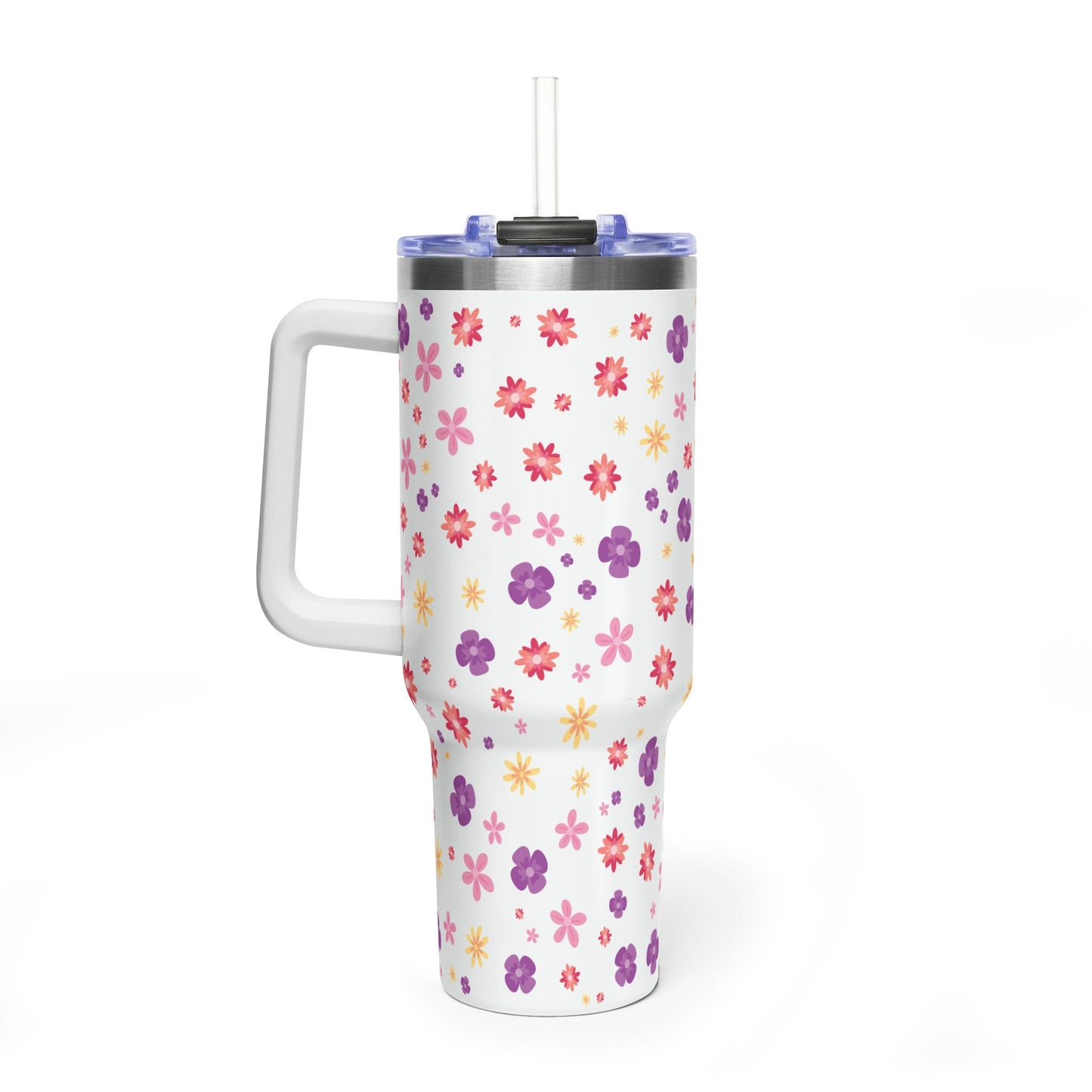 40oz Floral Vacuum Tumbler – Insulated Travel Mug with Pink & Purple Daisy Pattern