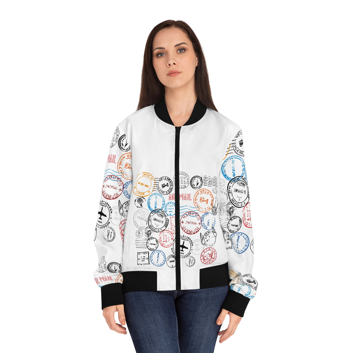 Passport Stamp Print Bomber Jacket — Vintage Airmail Travel Design