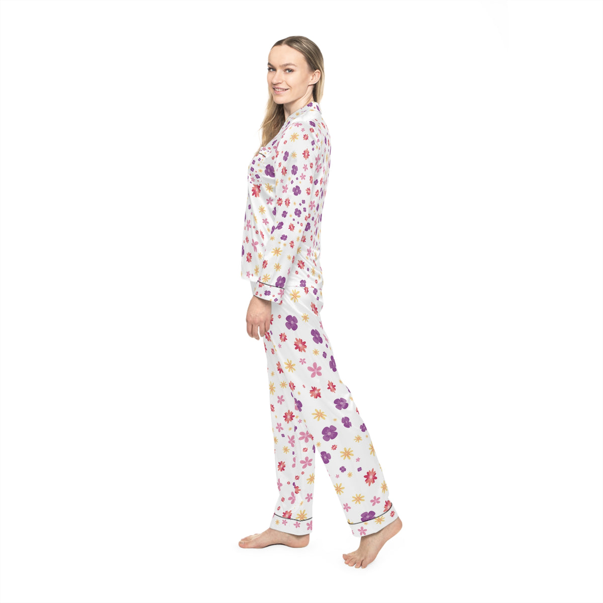Floral Satin Pajamas Set — Women's Soft Sleepwear in Purple & Pink