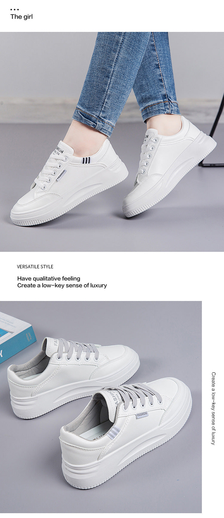 2026 Hot-Selling Spring and Autumn Lightweight White Sneakers with Leather Surface, Height-Increasing Soft Sole, Breathable Thick-Soled Sports Casual Shoes for Women
