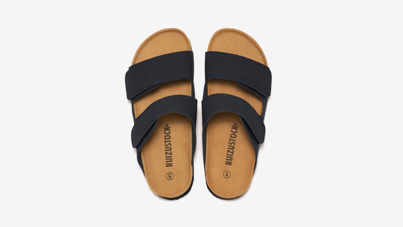 RUIZUSTOCK Wise Foot Men's Cork Slippers Trendy Student One-Word Slippers Double Strap Men's Beach Shoes Frosted Leather