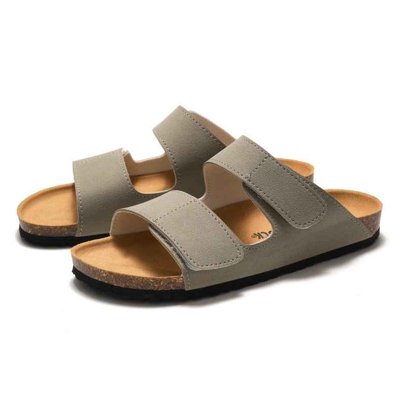 RUIZUSTOCK Wise Foot Men's Cork Slippers Trendy Student One-Word Slippers Double Strap Men's Beach Shoes Frosted Leather