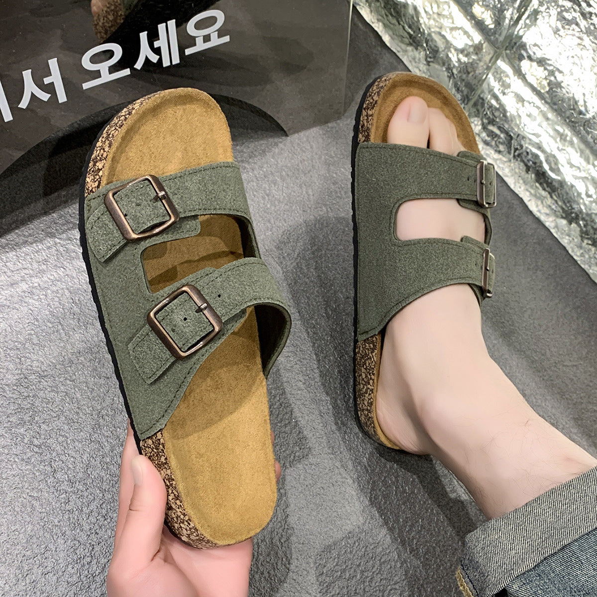 Double Buckle Adjusting Cork Slippers Suede Design Soft and Comfortable Home Slippers Outdoor Wear Slippers Boken