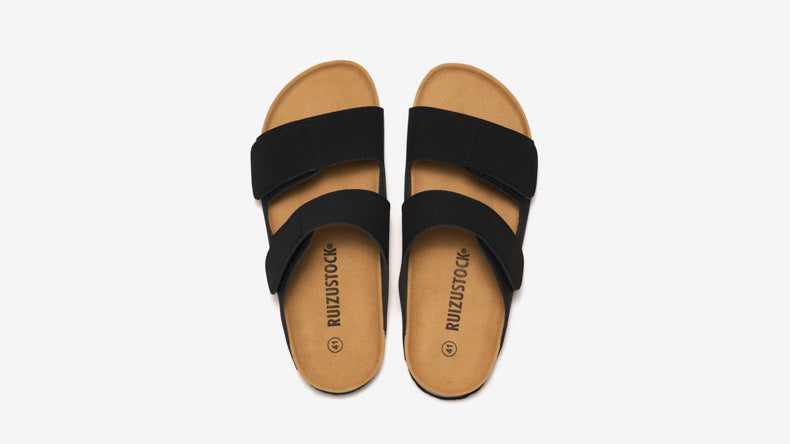 RUIZUSTOCK Wise Foot Men's Cork Slippers Trendy Student One-Word Slippers Double Strap Men's Beach Shoes Frosted Leather