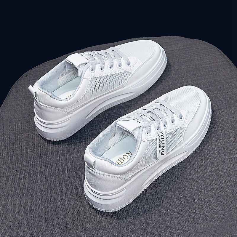 2026 Hot-Selling Spring and Autumn Lightweight White Sneakers with Leather Surface, Height-Increasing Soft Sole, Breathable Thick-Soled Sports Casual Shoes for Women