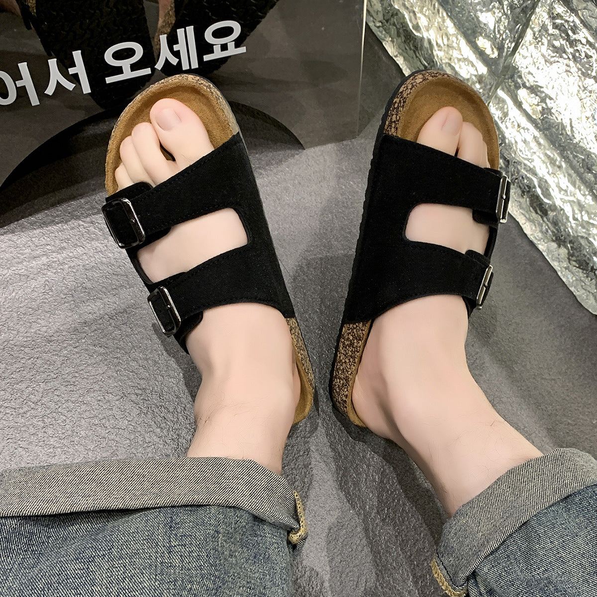 Double Buckle Adjusting Cork Slippers Suede Design Soft and Comfortable Home Slippers Outdoor Wear Slippers Boken