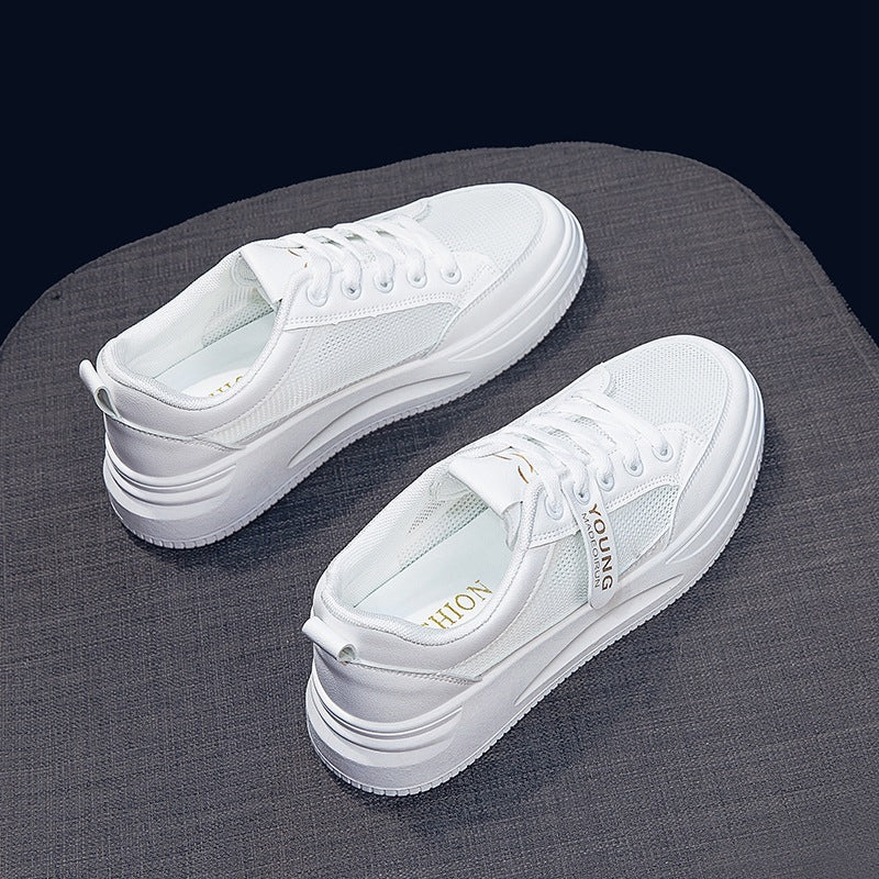 2026 Hot-Selling Spring and Autumn Lightweight White Sneakers with Leather Surface, Height-Increasing Soft Sole, Breathable Thick-Soled Sports Casual Shoes for Women