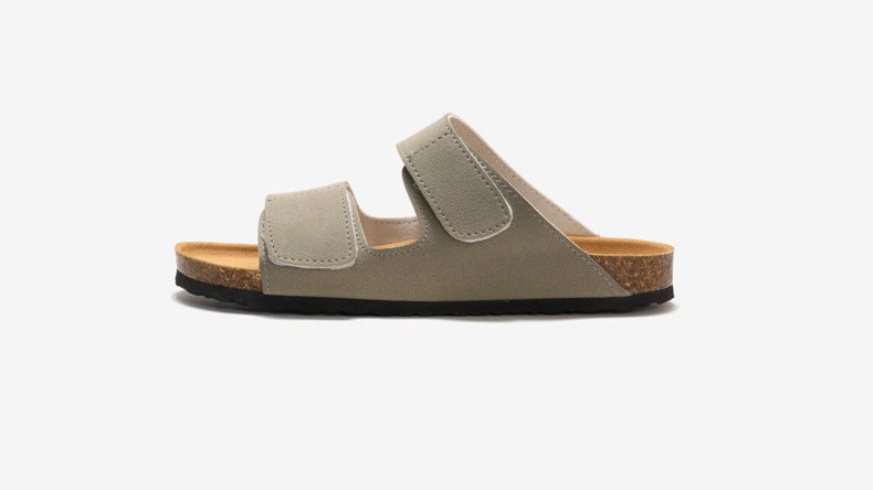 RUIZUSTOCK Wise Foot Men's Cork Slippers Trendy Student One-Word Slippers Double Strap Men's Beach Shoes Frosted Leather