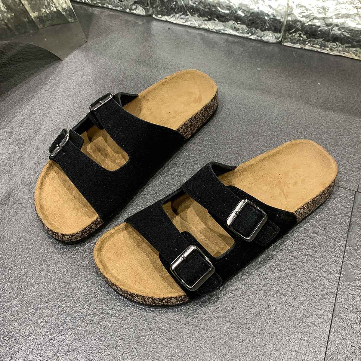 Double Buckle Adjusting Cork Slippers Suede Design Soft and Comfortable Home Slippers Outdoor Wear Slippers Boken