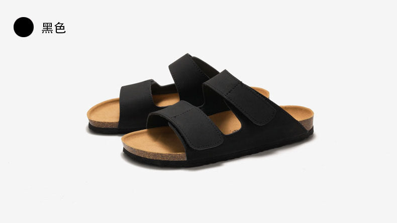RUIZUSTOCK Wise Foot Men's Cork Slippers Trendy Student One-Word Slippers Double Strap Men's Beach Shoes Frosted Leather