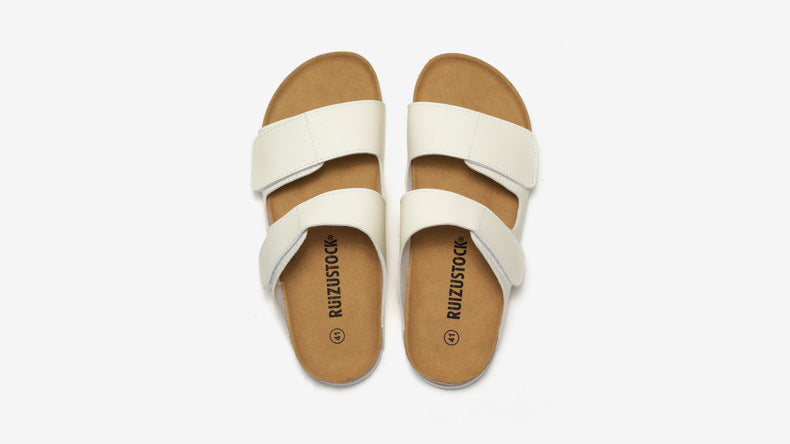 RUIZUSTOCK Wise Foot Men's Cork Slippers Trendy Student One-Word Slippers Double Strap Men's Beach Shoes Frosted Leather