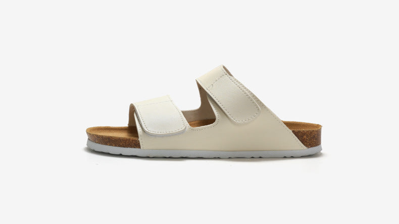 RUIZUSTOCK Wise Foot Men's Cork Slippers Trendy Student One-Word Slippers Double Strap Men's Beach Shoes Frosted Leather
