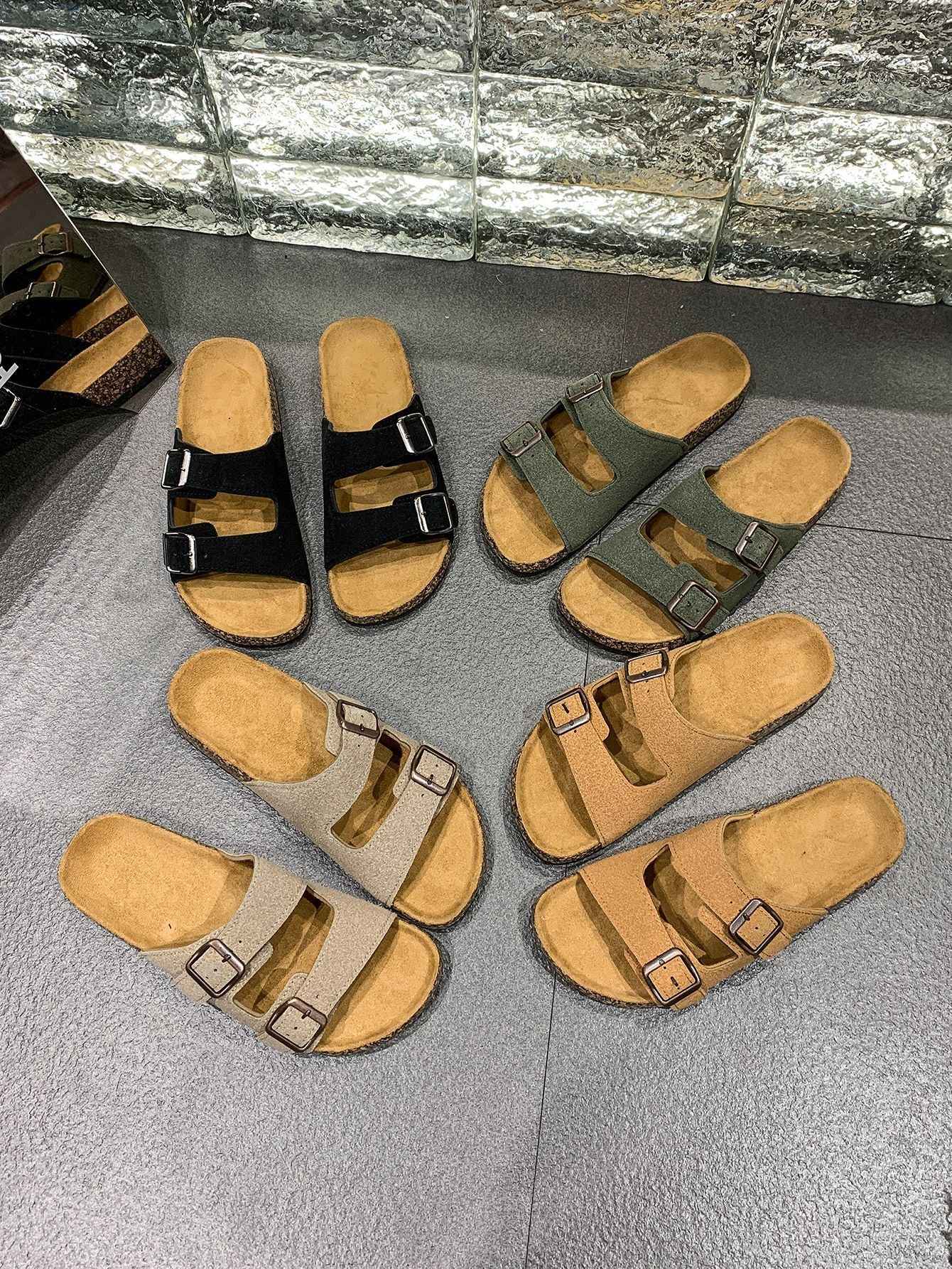 Double Buckle Adjusting Cork Slippers Suede Design Soft and Comfortable Home Slippers Outdoor Wear Slippers Boken