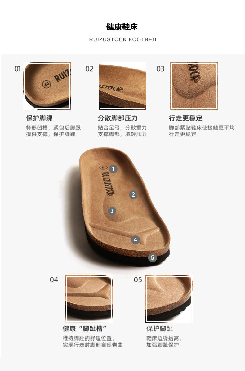 RUIZUSTOCK Wise Foot Men's Cork Slippers Trendy Student One-Word Slippers Double Strap Men's Beach Shoes Frosted Leather