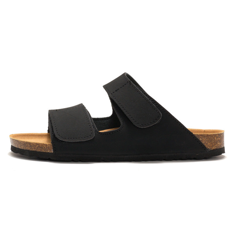 RUIZUSTOCK Wise Foot Men's Cork Slippers Trendy Student One-Word Slippers Double Strap Men's Beach Shoes Frosted Leather