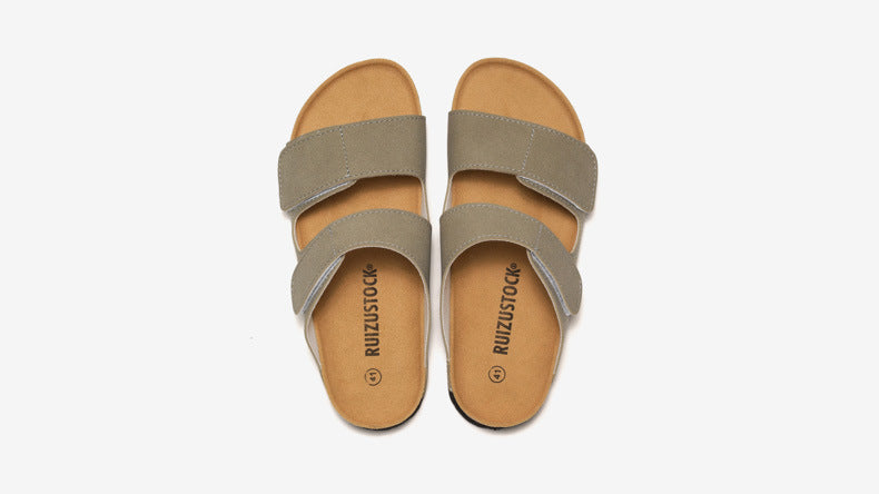 RUIZUSTOCK Wise Foot Men's Cork Slippers Trendy Student One-Word Slippers Double Strap Men's Beach Shoes Frosted Leather