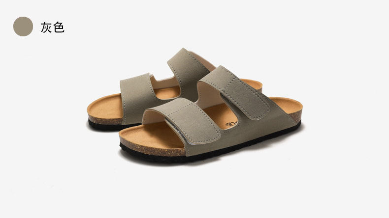 RUIZUSTOCK Wise Foot Men's Cork Slippers Trendy Student One-Word Slippers Double Strap Men's Beach Shoes Frosted Leather
