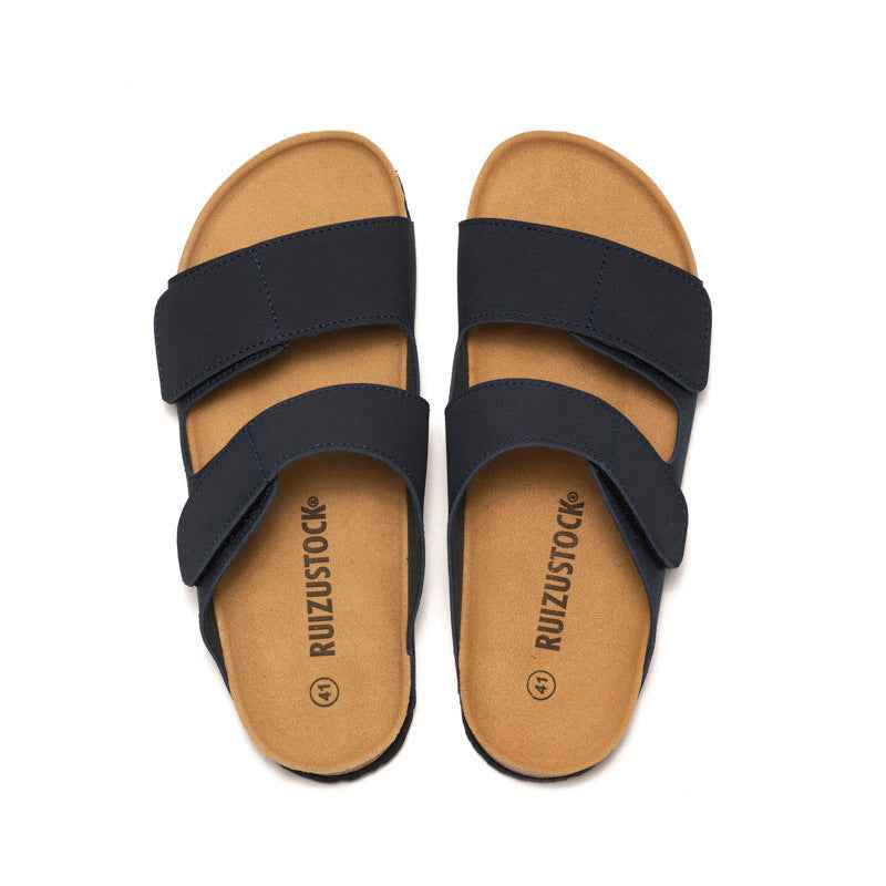 RUIZUSTOCK Wise Foot Men's Cork Slippers Trendy Student One-Word Slippers Double Strap Men's Beach Shoes Frosted Leather