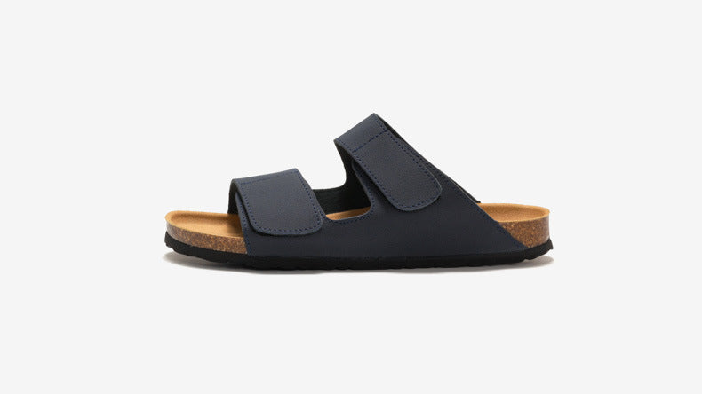 RUIZUSTOCK Wise Foot Men's Cork Slippers Trendy Student One-Word Slippers Double Strap Men's Beach Shoes Frosted Leather