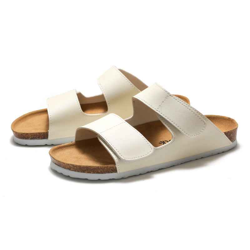 RUIZUSTOCK Wise Foot Men's Cork Slippers Trendy Student One-Word Slippers Double Strap Men's Beach Shoes Frosted Leather