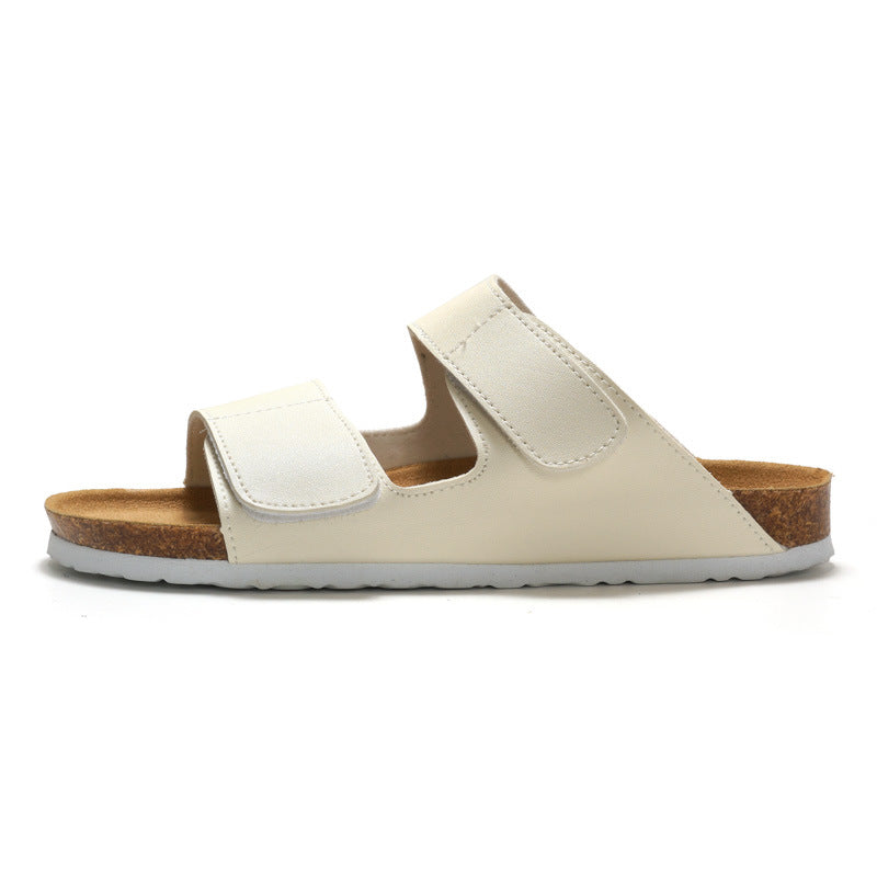 RUIZUSTOCK Wise Foot Men's Cork Slippers Trendy Student One-Word Slippers Double Strap Men's Beach Shoes Frosted Leather