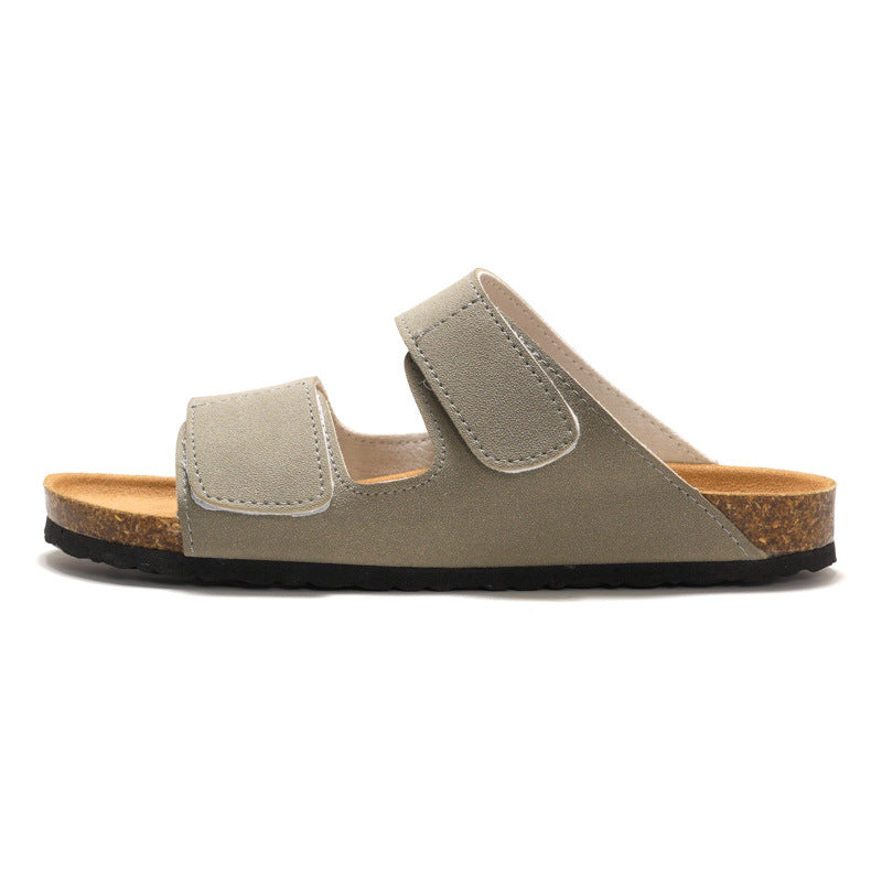 RUIZUSTOCK Wise Foot Men's Cork Slippers Trendy Student One-Word Slippers Double Strap Men's Beach Shoes Frosted Leather