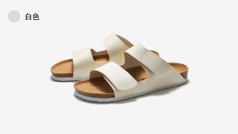 RUIZUSTOCK Wise Foot Men's Cork Slippers Trendy Student One-Word Slippers Double Strap Men's Beach Shoes Frosted Leather