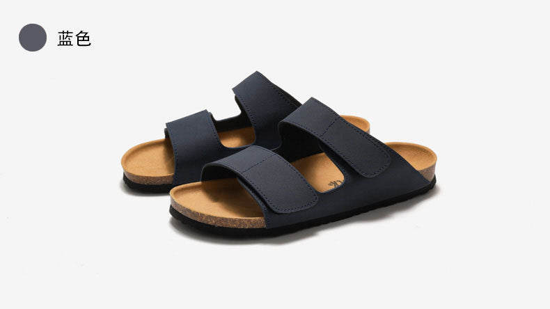 RUIZUSTOCK Wise Foot Men's Cork Slippers Trendy Student One-Word Slippers Double Strap Men's Beach Shoes Frosted Leather