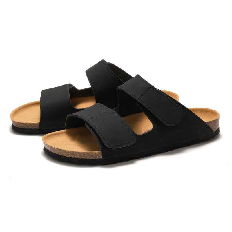 RUIZUSTOCK Wise Foot Men's Cork Slippers Trendy Student One-Word Slippers Double Strap Men's Beach Shoes Frosted Leather