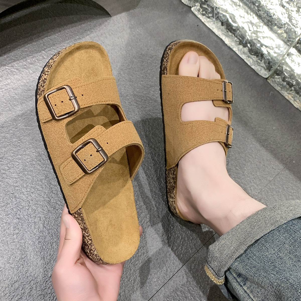 Double Buckle Adjusting Cork Slippers Suede Design Soft and Comfortable Home Slippers Outdoor Wear Slippers Boken