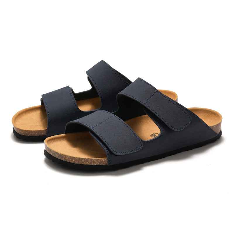 RUIZUSTOCK Wise Foot Men's Cork Slippers Trendy Student One-Word Slippers Double Strap Men's Beach Shoes Frosted Leather