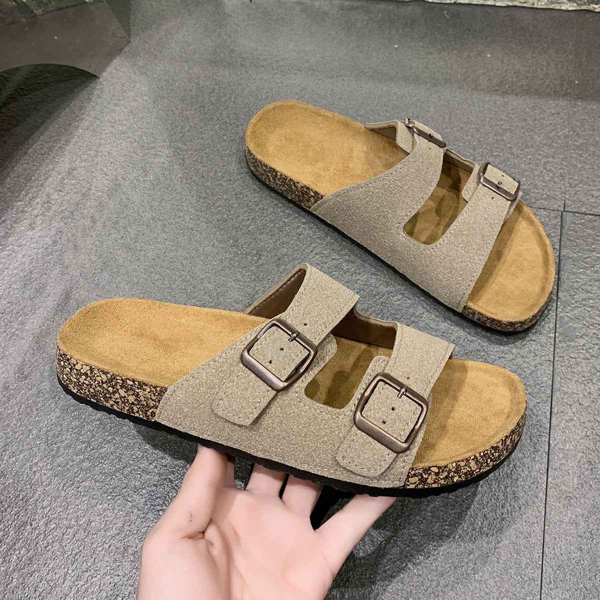Double Buckle Adjusting Cork Slippers Suede Design Soft and Comfortable Home Slippers Outdoor Wear Slippers Boken