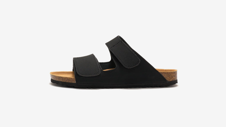 RUIZUSTOCK Wise Foot Men's Cork Slippers Trendy Student One-Word Slippers Double Strap Men's Beach Shoes Frosted Leather