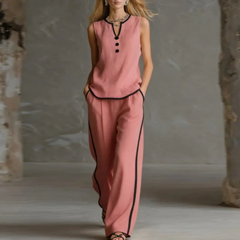 Spring Contrast Trim 2 Piece Sets Woman Elegant V Neck Button Top & Wide Leg Pants Outfits Summer Sleeveless Beach Vacation Suit