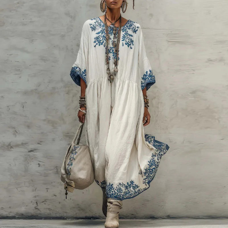 Robe longue trapèze fleurie de printemps bohème pour femme, manches longues, col rond, décontractée, style caftan, nouvelle collection été, vintage, ethnique, pour la plage