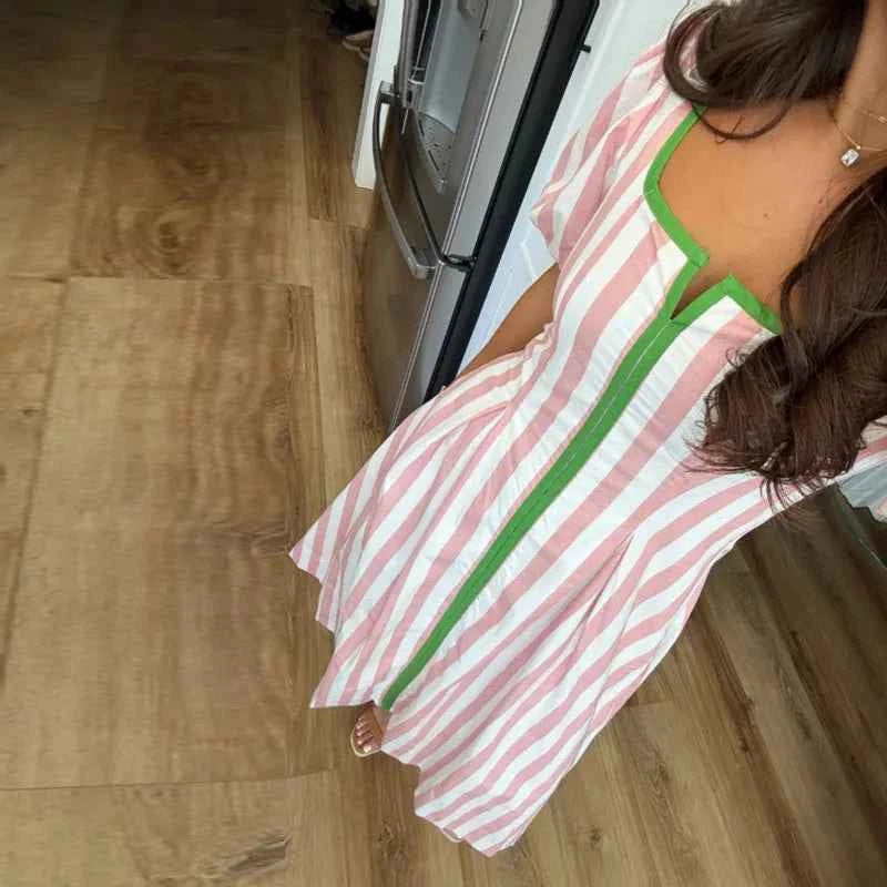Bohemian Women Striped Print Maxi Dress Square Neck Puff Sleeve Zip Pleated A-Line Dress Casual Summer Pocket Daily Wear Dresses