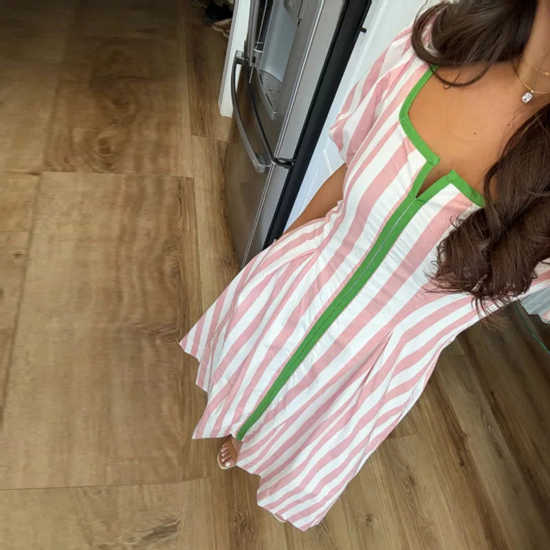 Bohemian Women Striped Print Maxi Dress Square Neck Puff Sleeve Zip Pleated A-Line Dress Casual Summer Pocket Daily Wear Dresses