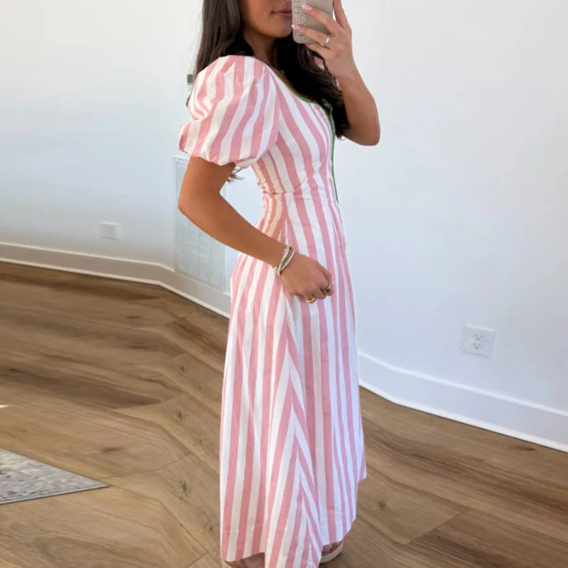 Bohemian Women Striped Print Maxi Dress Square Neck Puff Sleeve Zip Pleated A-Line Dress Casual Summer Pocket Daily Wear Dresses