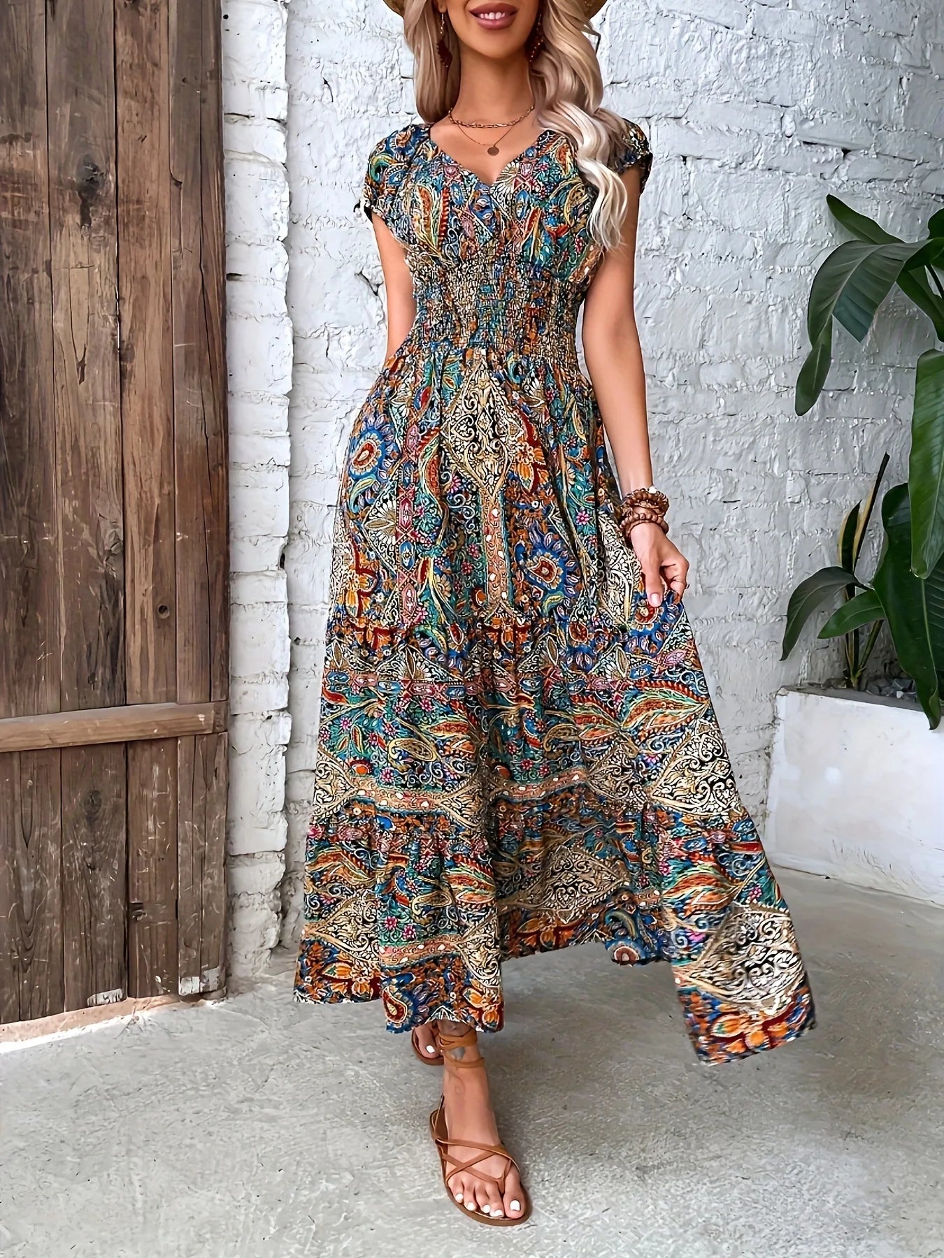 Women's Summer Boho Long Dress Elegant V Neck Short Sleeve Beach Sundress Evening Party Holiday Casual Maxi Dresses Robe Femme