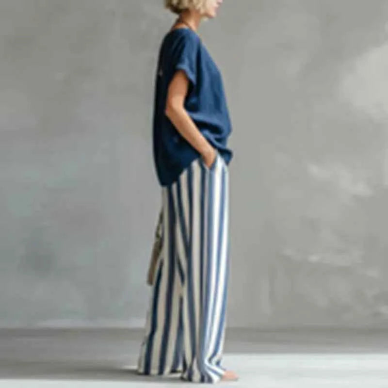 2026 Boho Linen Two Piece Sets Women Casual Short Sleeve Solid Top Striped High Waist Wide Leg Pants Suit Summer Vacation Outfit